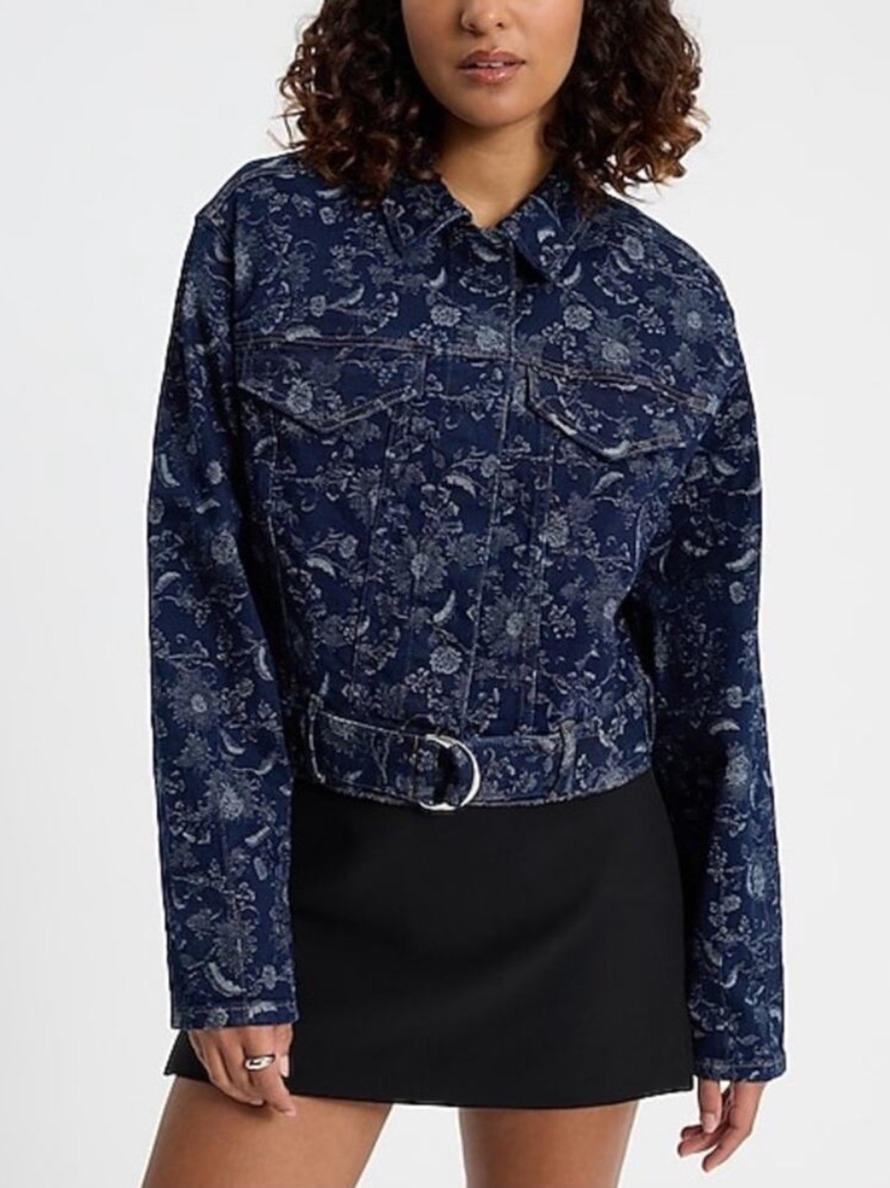 Express Floral Denim Cropped Moto Jacket Sunflower size Large